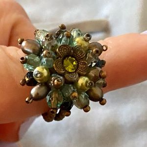 Liliblue Paris - Green Hued Hand Beaded Ring - Size 7.5
